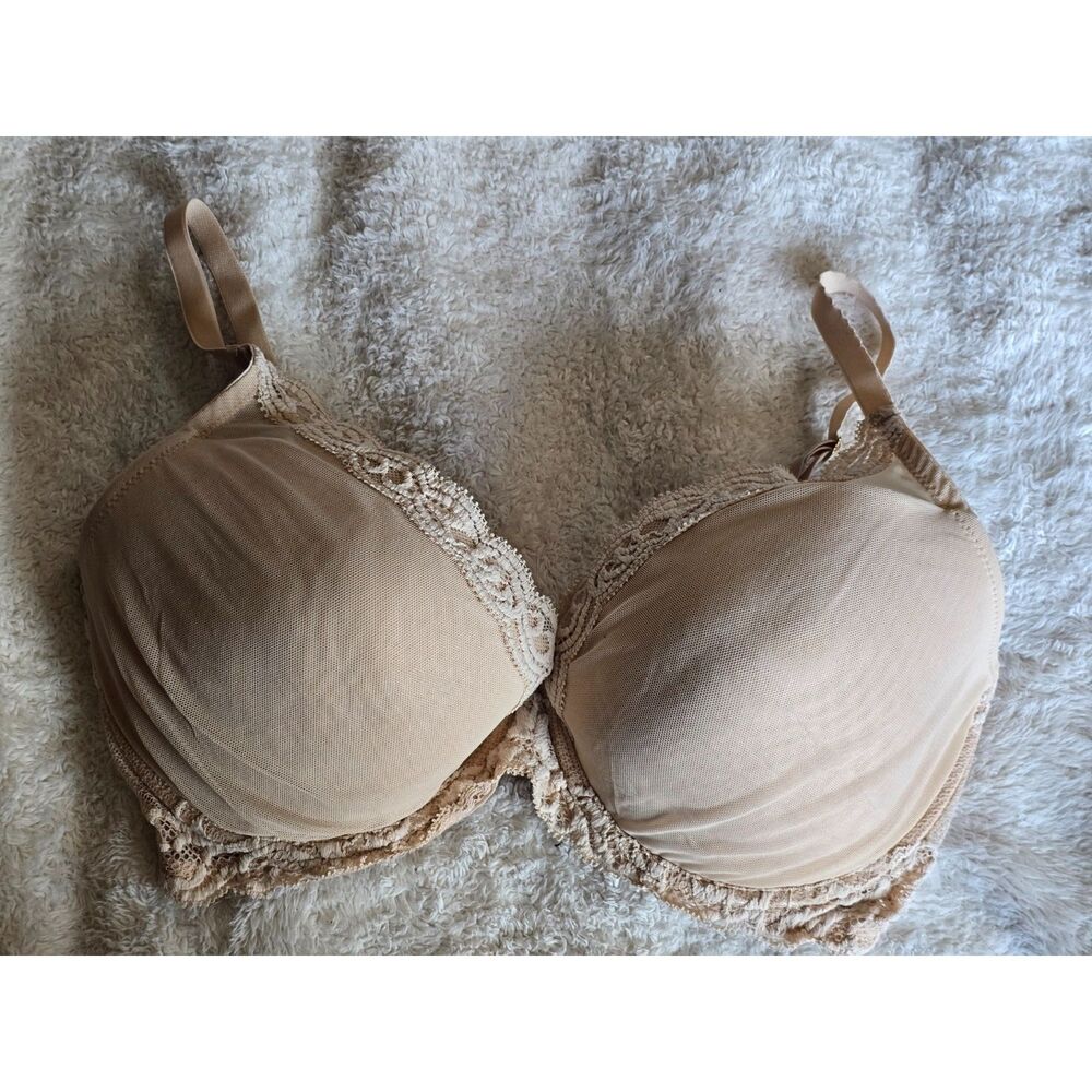 Natori Feathers Plunge Bra Lace Trim Contour Cups Nude Size US 36DD